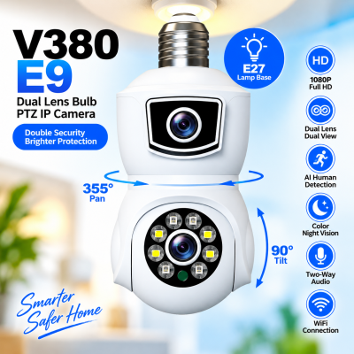 V380 E9 Dual Lens Bulb PTZ IP Camera – 1080P Full HD Wireless WiFi CCTV with E27 Lamp Base, AI Human Detection, Color Night Vision & Two-Way Audio
